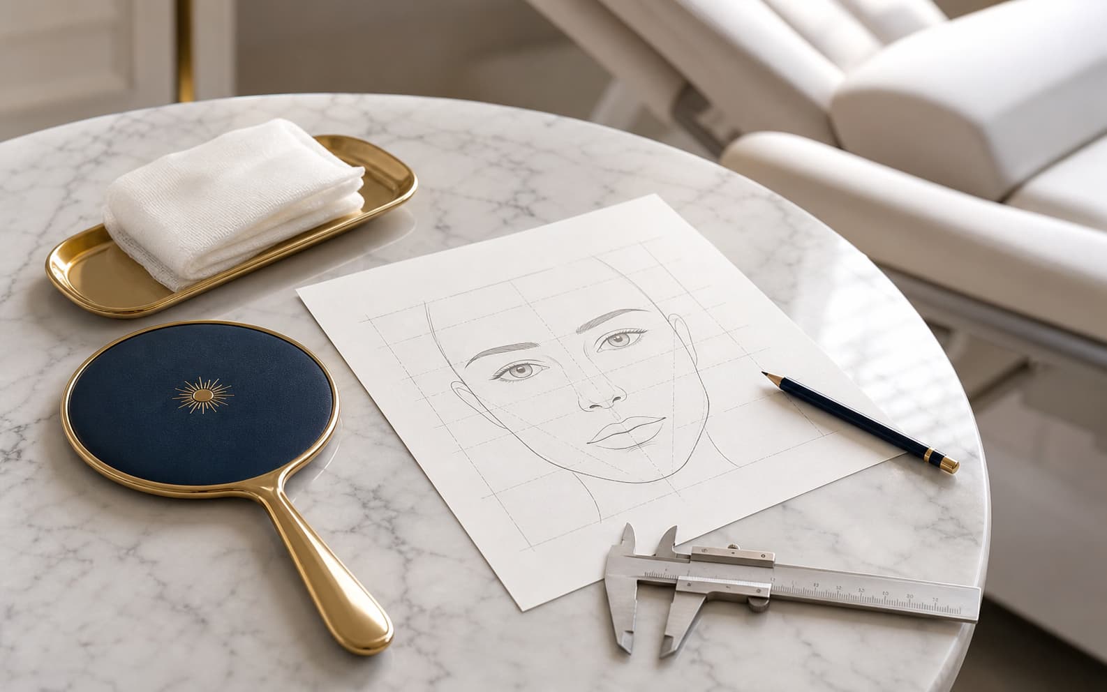 Visual editorial de planificación facial con espejo e instrumentos de precisión