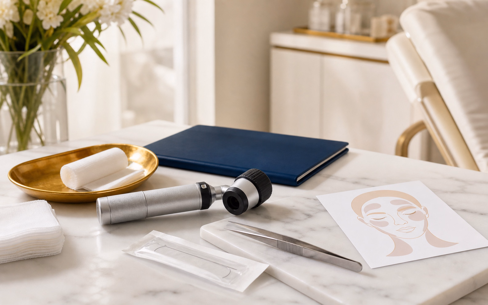 Visual editorial de dermatología quirúrgica con dermatoscopio e instrumentos de precisión