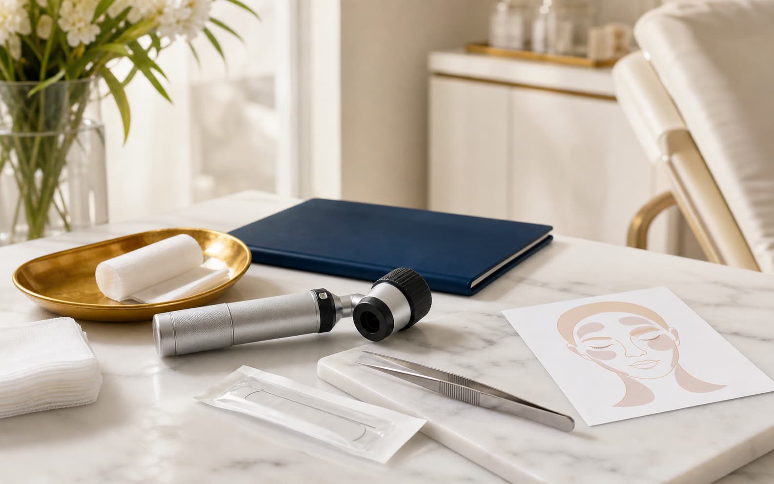 Visual editorial de dermatología quirúrgica con dermatoscopio e instrumentos de precisión